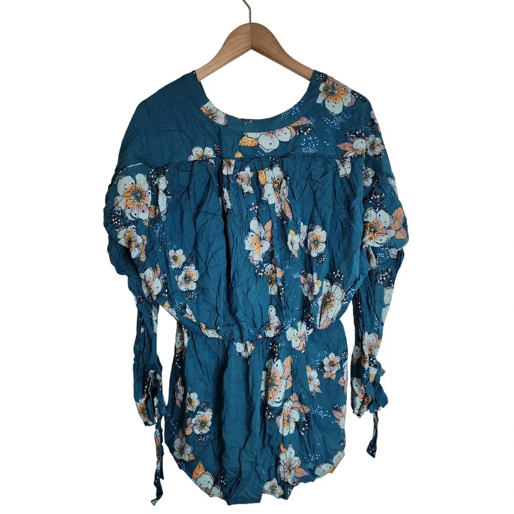 Free People Tunic Top Women's XS‎ Floral Boho Long Sleeve Blue